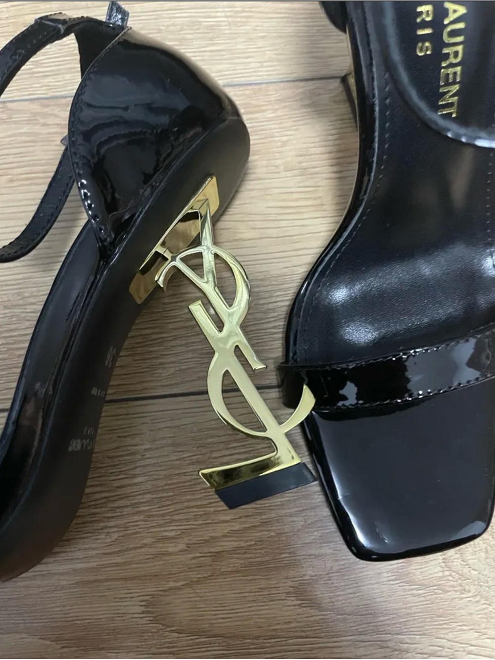 Saint Laurent Black Patent Heel Sandals with Gold YSL Sculpted Heel - Picture 2 of 3